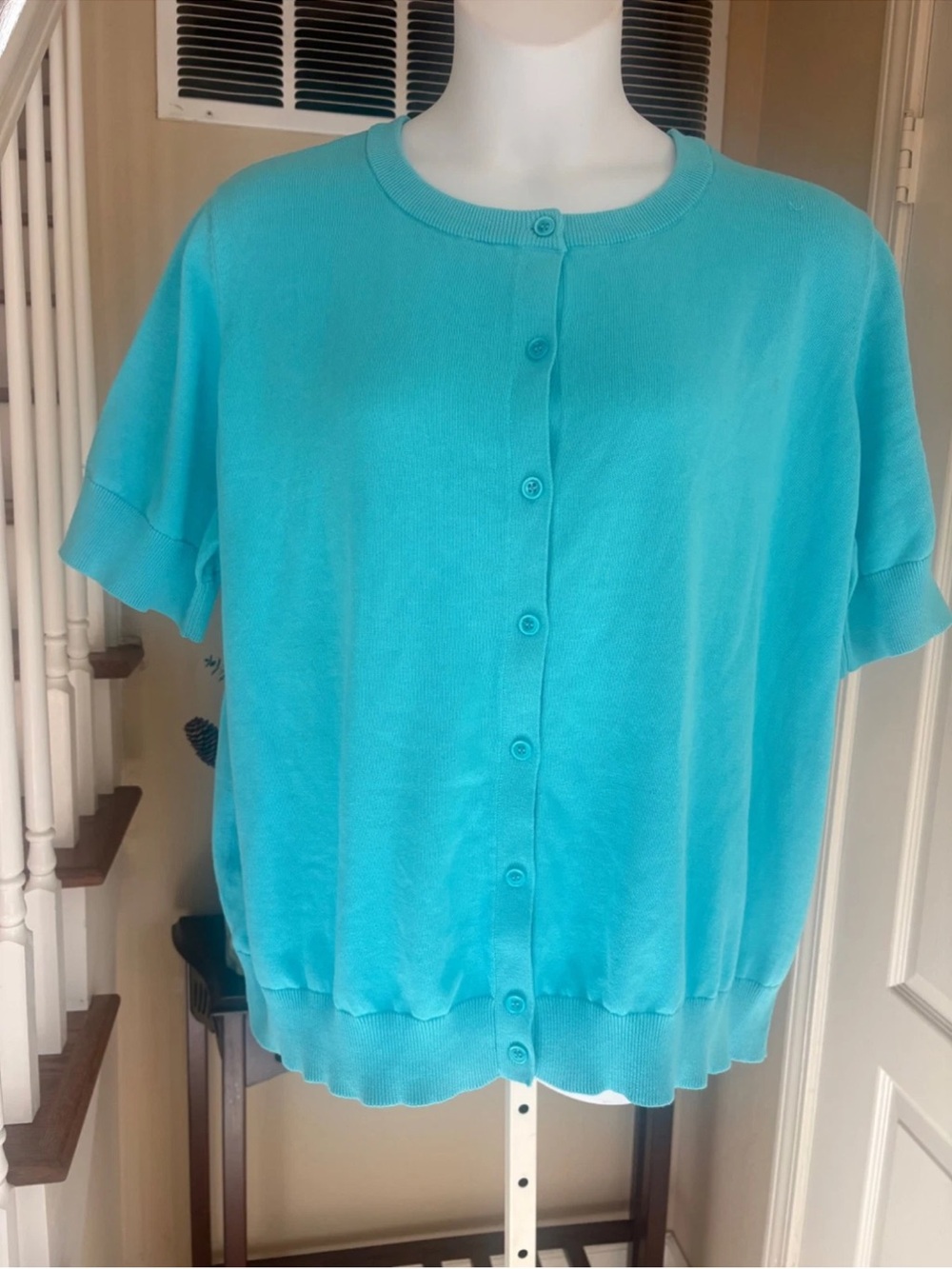 Woman Within Turquoise Button-Front Short Sleeve Knit cardigan, size 3X 100% Cot